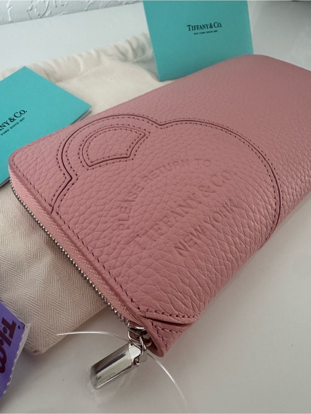 Tiffany & Co. Dusty Pink Pebbled Leather Zip-Around Wallet